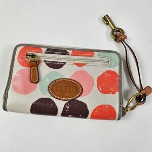 Fossil KeyPer Zip Around Wallet Wristlet Ivory Coral‎ Mint Dots